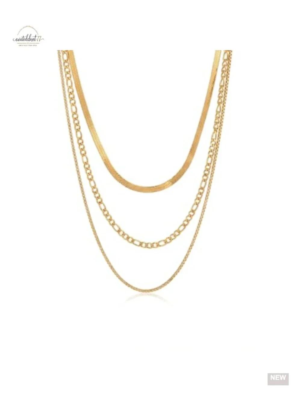 3 Piece Layered Gold Plated Necklace Set Cuban Herringbone Figaro Chain Stack